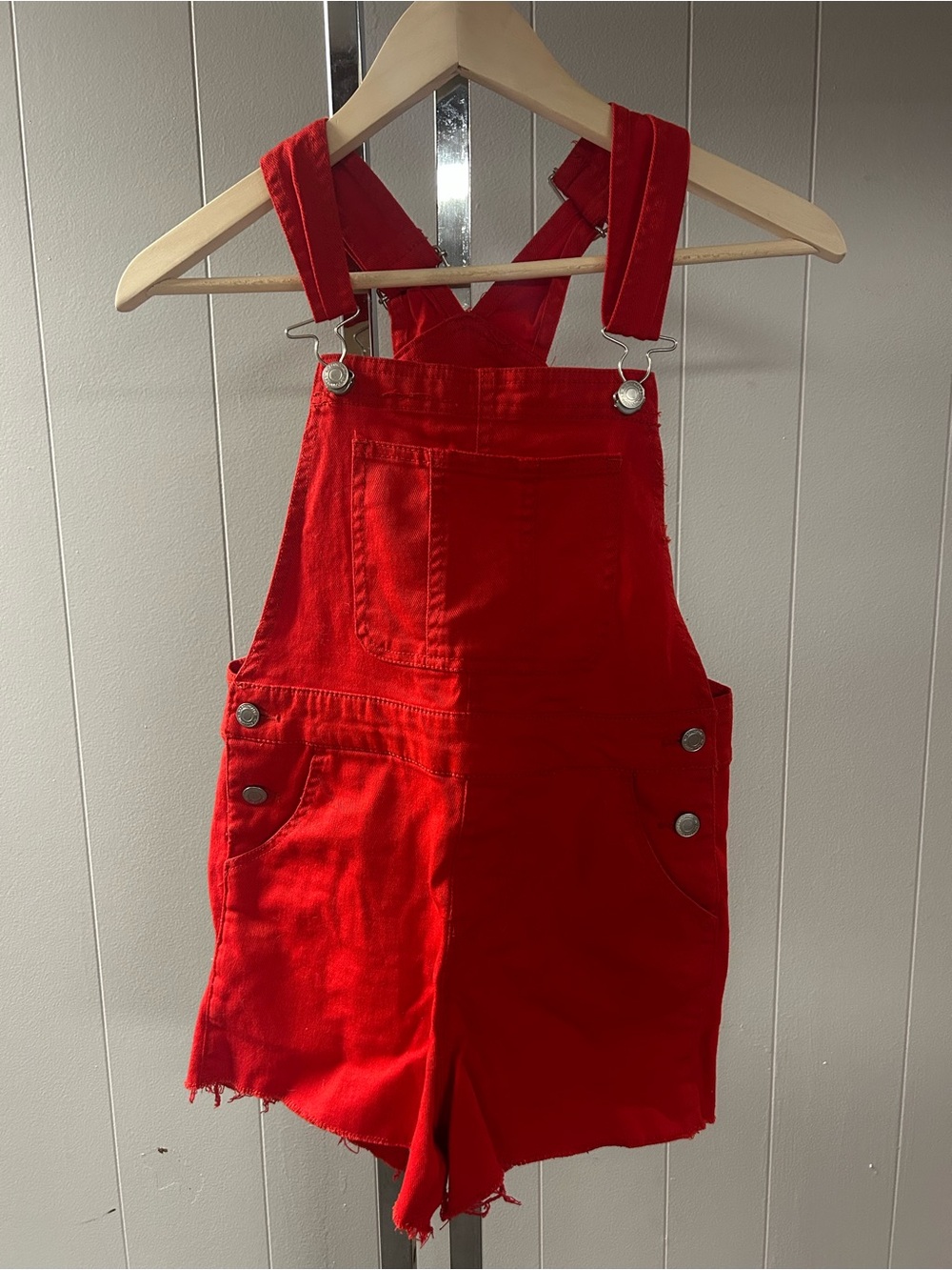 Red Denim Cutoff Overall Bibs Shorts with Front Pocket XXS
